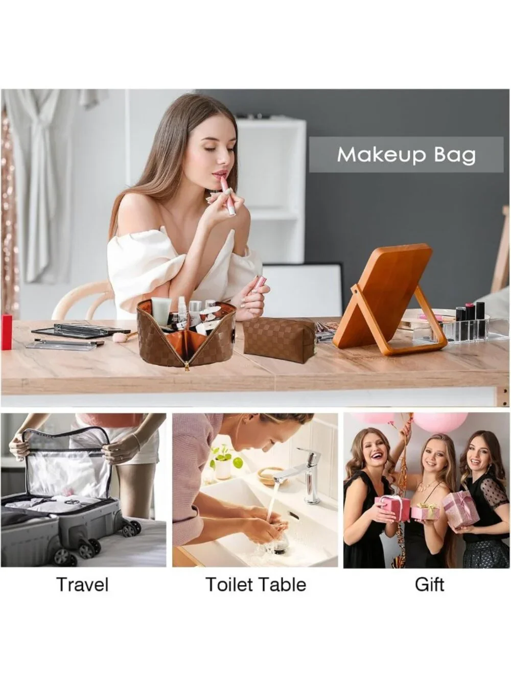 Large Capacity Checkered Makeup Bags Set - Waterproof Cosmetic Organizer Pouch